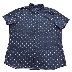 Apt.9 Shirt Mens XXL Preppy Navy Pink Flamingo Short Sleeve‎ Button Up Slim Fit